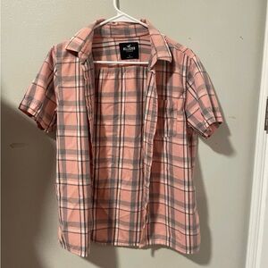 Hollister Men's Casual Pink and Gray Plaid Shirt